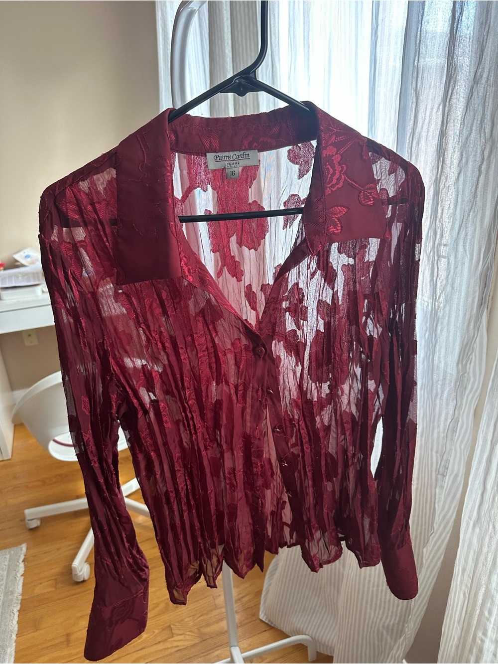 Y2K Vintage Pierre Cardin Women's Sheer Burgundy Button-Front Blouse